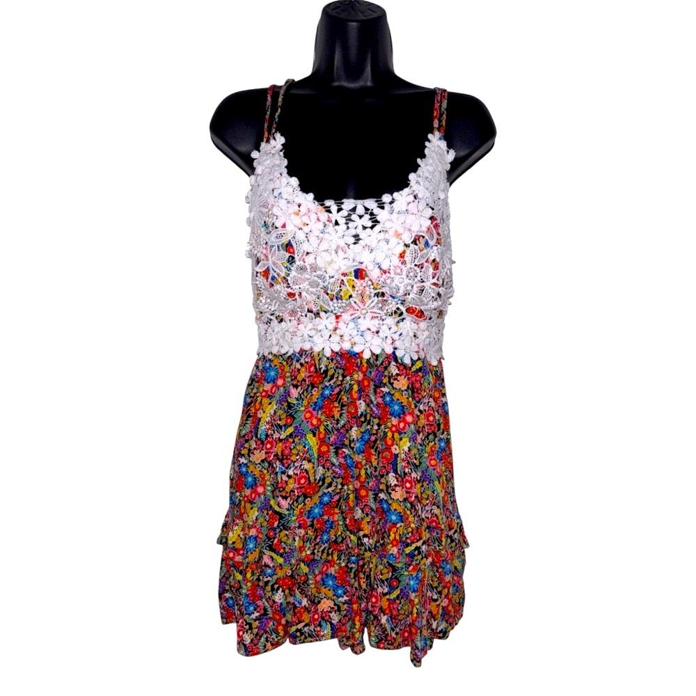 Birch Boho Floral Romper Colorful with White Lace NWOT Medium